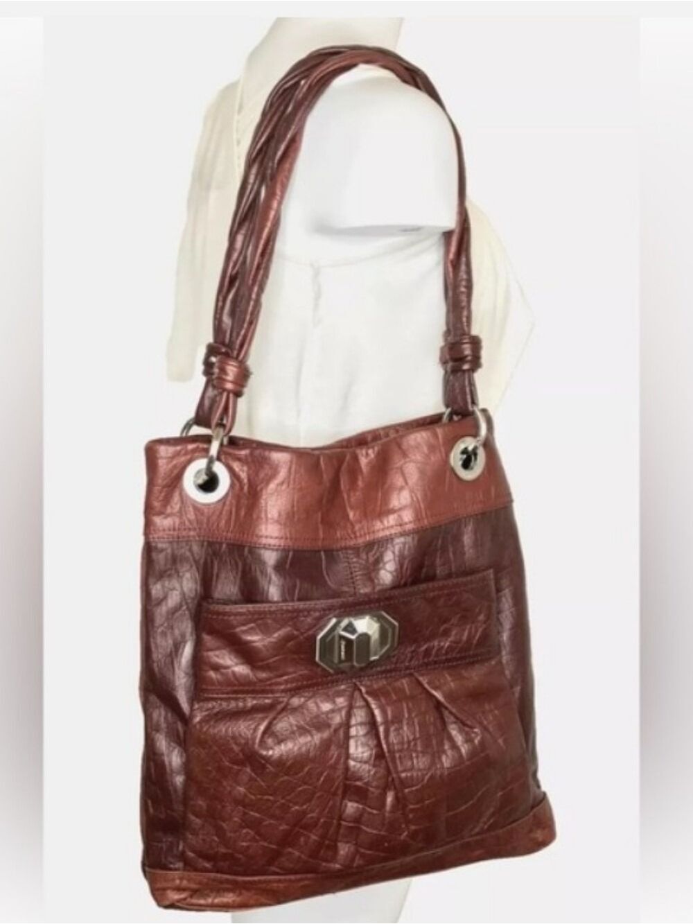 B. Makowsky Double Braided Handles Two Tone Genuine Brown Leather Shoulder Bag